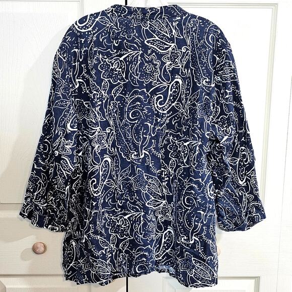 Carole Little 100% Linen Boho V-Neck Tunic Navy White Paisley Size 2X - Picture 2 of 8